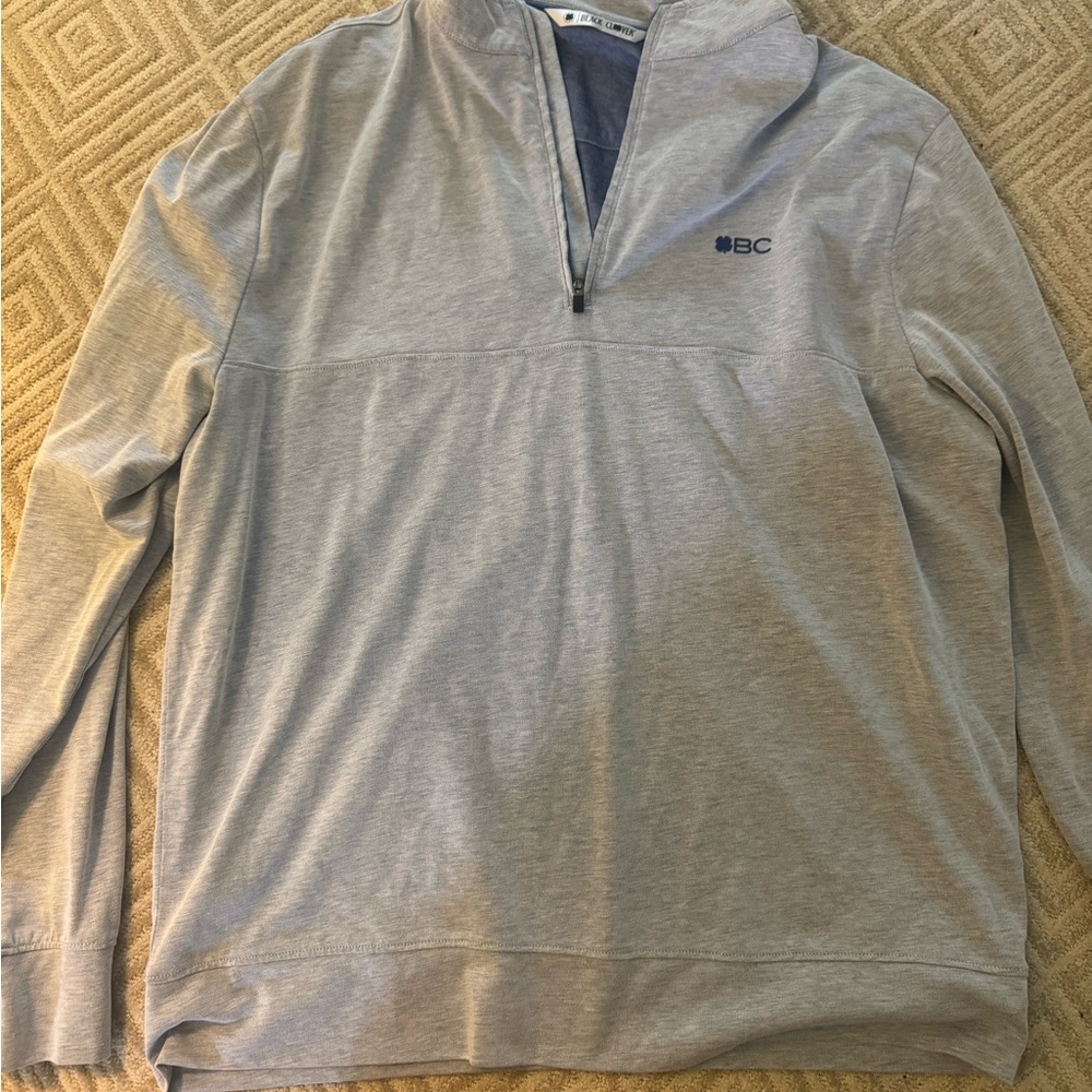Gray Zip Up Sweater with Navy Accents